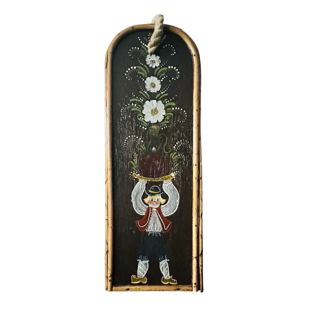 Vintage Hand Painted Scandinavian Folk Art Woven Wood Wine Box Gift Carrier 12in